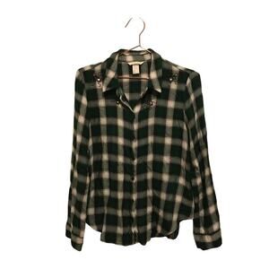 H&M plaid soft green flannel with big spider sequins on neckline